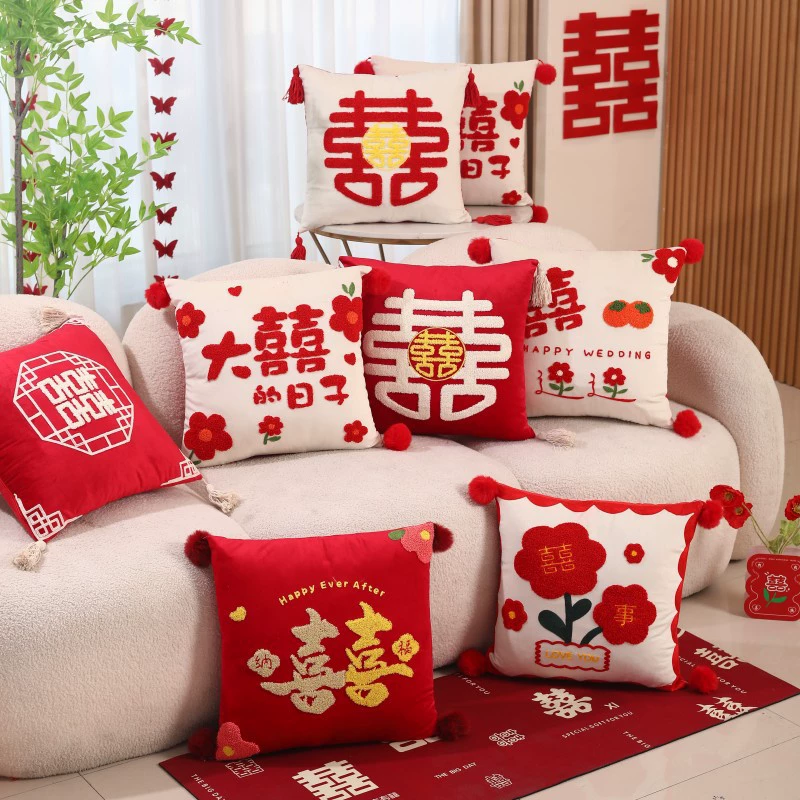 Подушки для свадебного декора "Двойное счастье", пара свадебных подушек для украшения свадебного зала, подушки для кровати молодоженов, красные подушки "Двойное счастье", полный комплект свадебных принадлежностей.