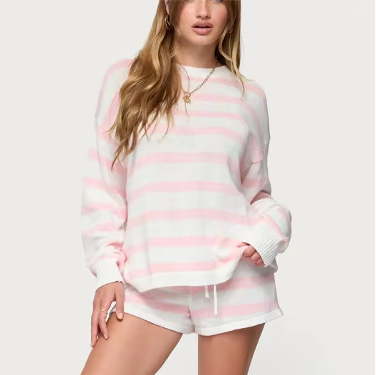Amazon European and American Casual Color-Blocked Striped Suit Round Neck Long-Sleeved Knitted Top Lace-Up Shorts Contrasting Color Two-Piece Set