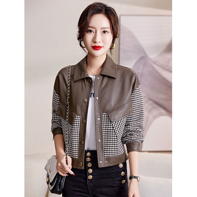 2023年秋季韩版千鸟格子拼接上衣短款女小皮衣小个子皮革