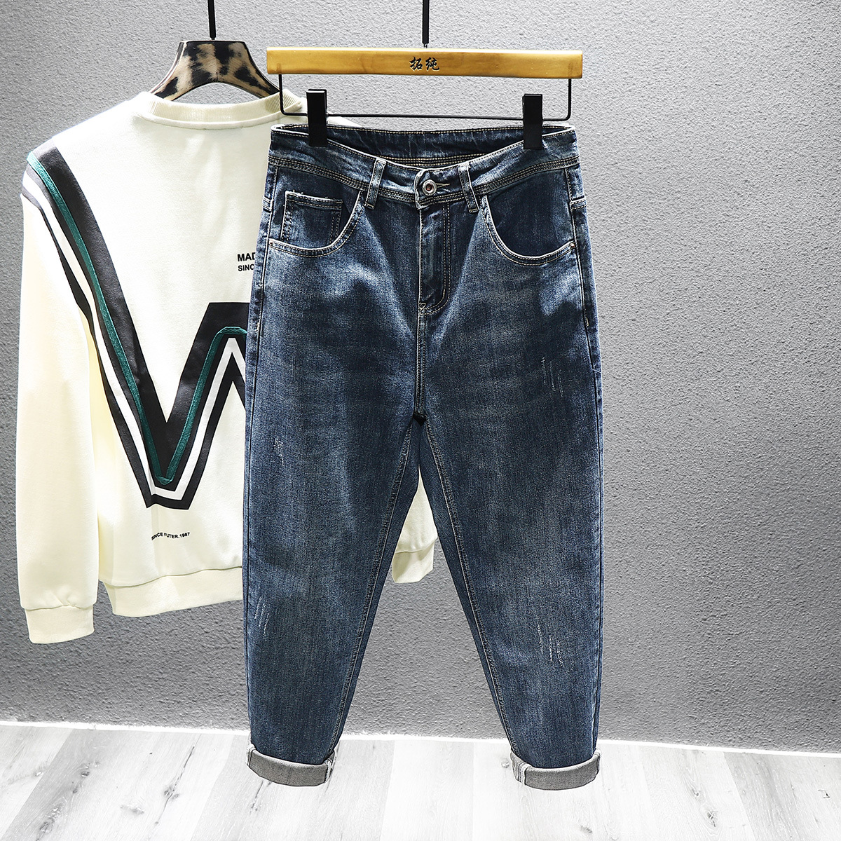 2025秋季高端牛仔裤男士美式潮牌弹力修身小脚锥形萝卜哈伦裤子男