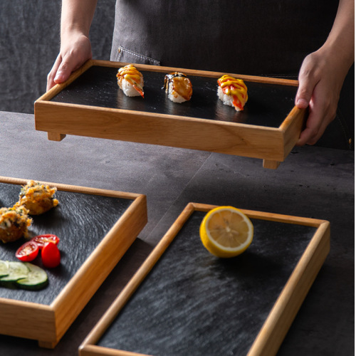 Wholesale black rock dinner plate Japanese style personalized creative commercial bamboo wooden hot pot shabu-shabu dish slate tableware barbecue