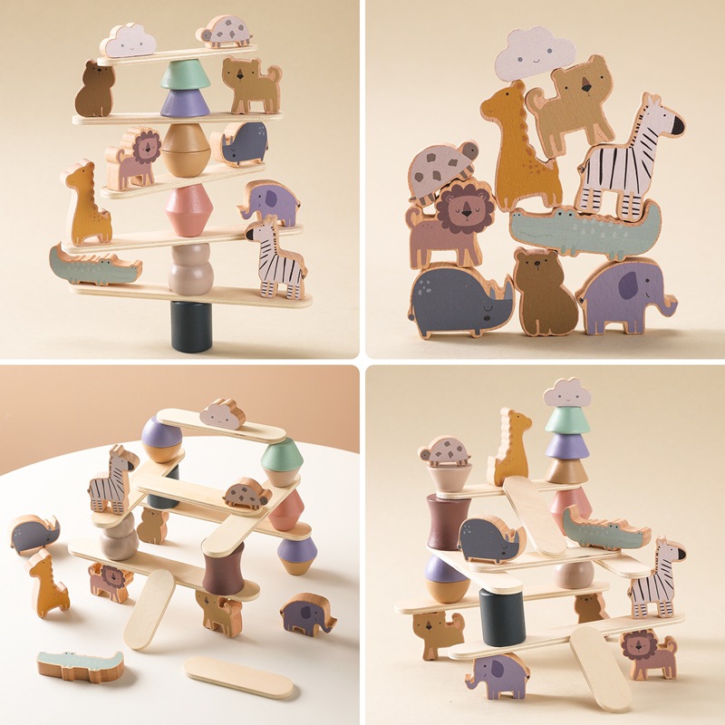Juguetes de madera para apilar con forma de zoológico para la educación temprana de los niños, concentración infantil, coordinación ojo-mano, viga de equilibrio, bloques de apilamiento