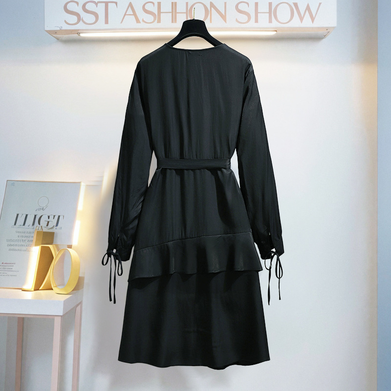 120-320 kg plus size dark wind dress 2024 spring slightly fat mm personality lace-up long sleeve medium long style