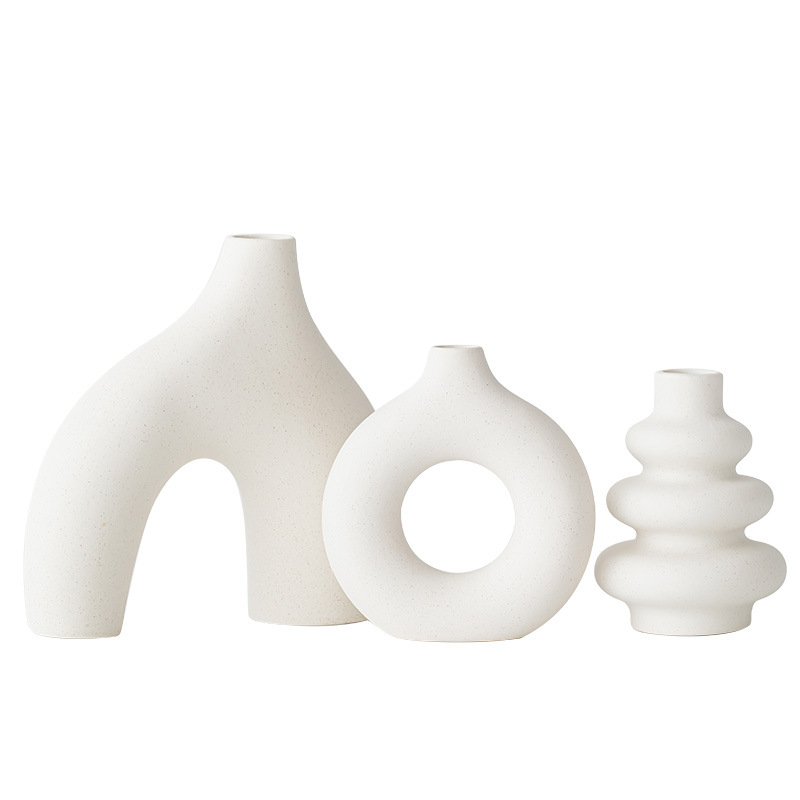 Estilo bohemio de tres piezas, jarrón de cerámica blanca, jarrón de diseño geométrico redondo, nuevo jarrón de estilo sushi.