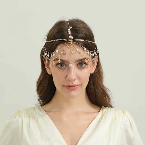 Bohemian Golden Butterfly Pearl Tassel Hair Chain Goddess Retro Headdress European and American Cross-Border Bridal Hair Accessories