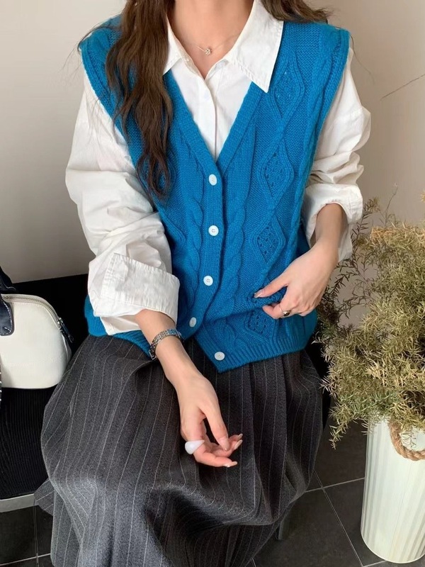 韩系单排扣麻花针织马甲背心女秋季新款宽松软糯叠穿开衫毛衣外搭|undefined