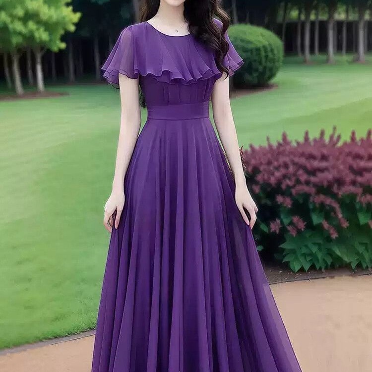 Purple Chiffon Dress for Women 2026 Summer New Style Cape Maxi Skirt to Ankle Length Seaside Vacation Super Long Skirt