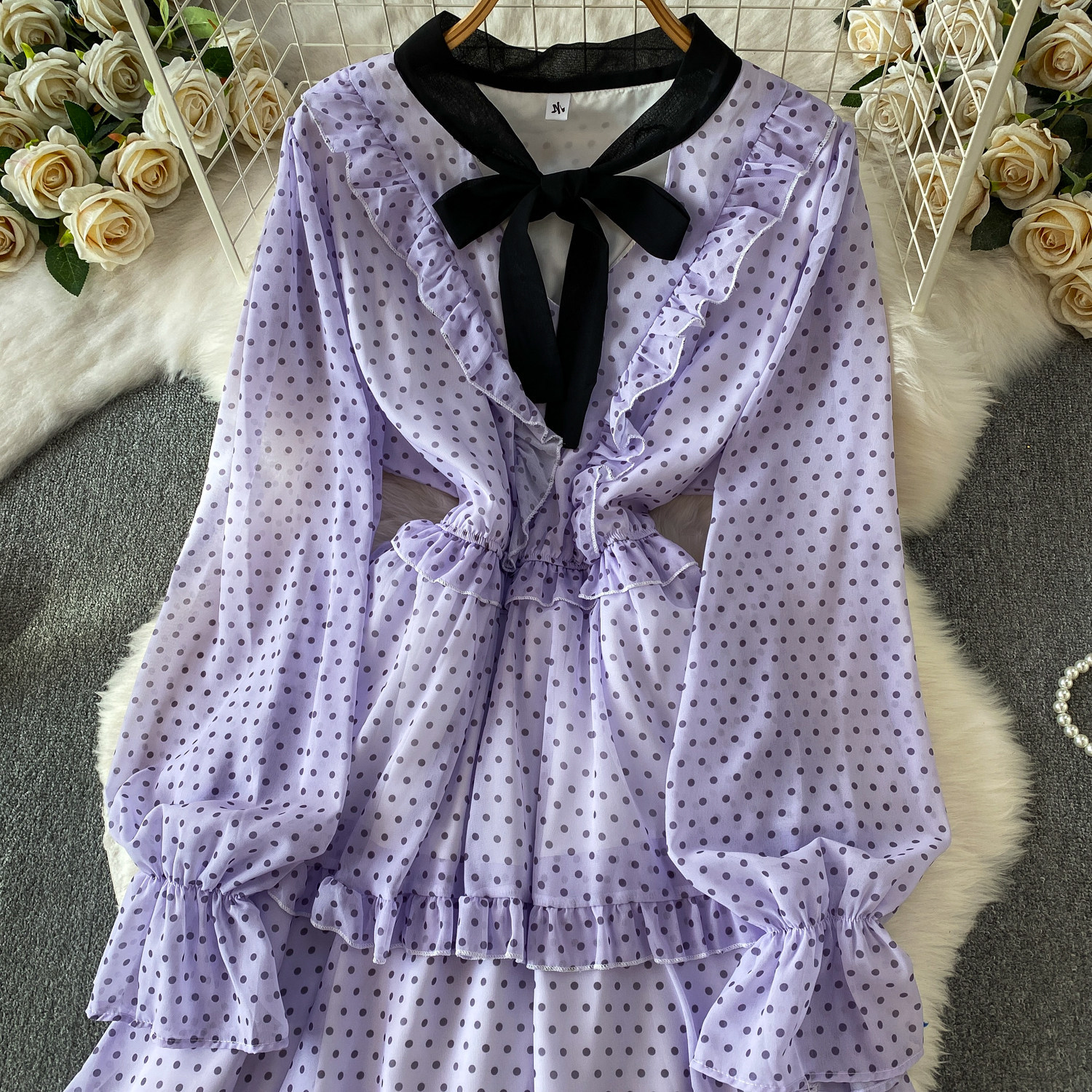 Women's French Sweet Color Block Bow V Neck Long Sleeve Dress Summer Polka Dot Ruffle Hem Elegant Long Skirt_ecoleips.com