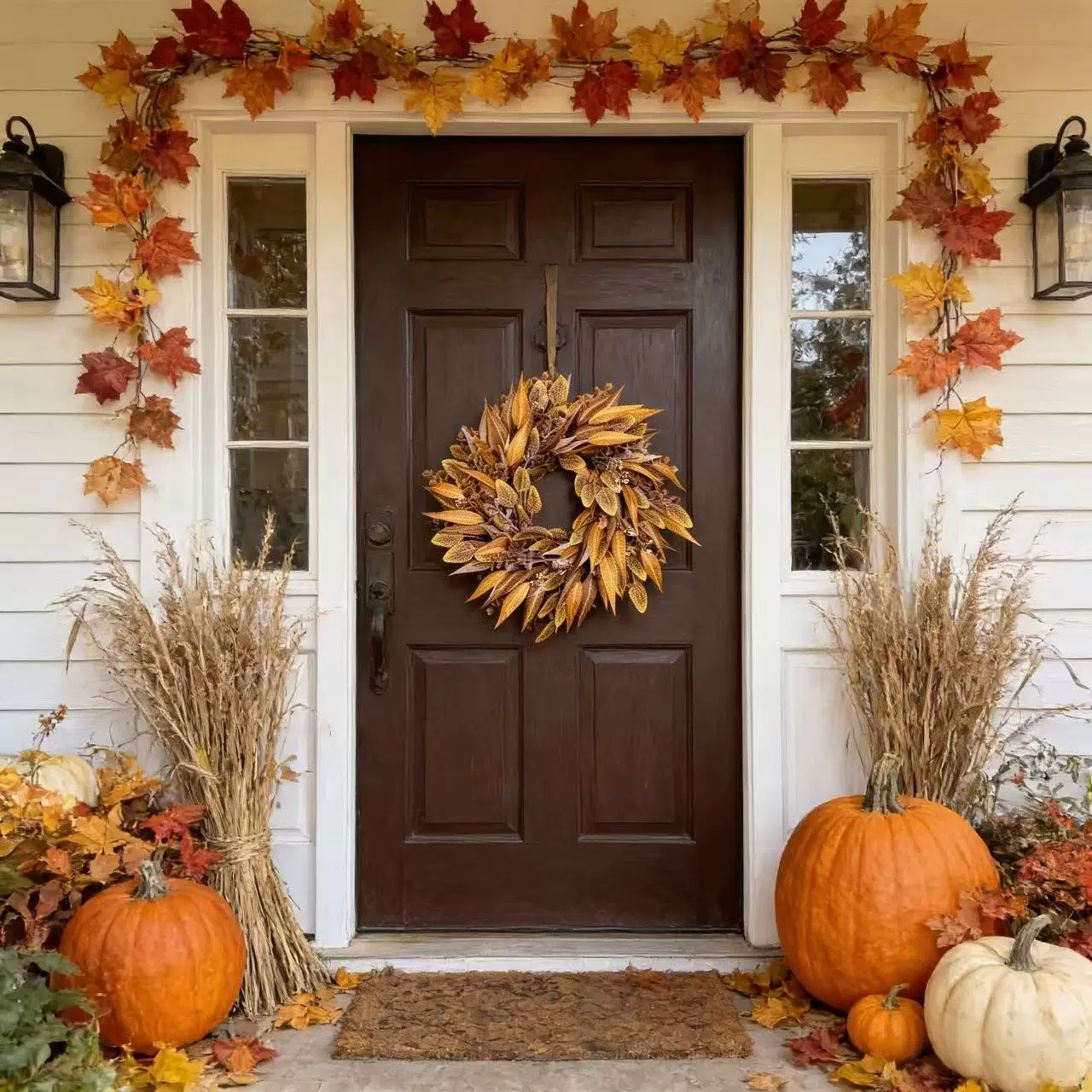 跨境亚马逊temu热销款秋季桉树叶花环秋季花环丰收节装饰品仿真花