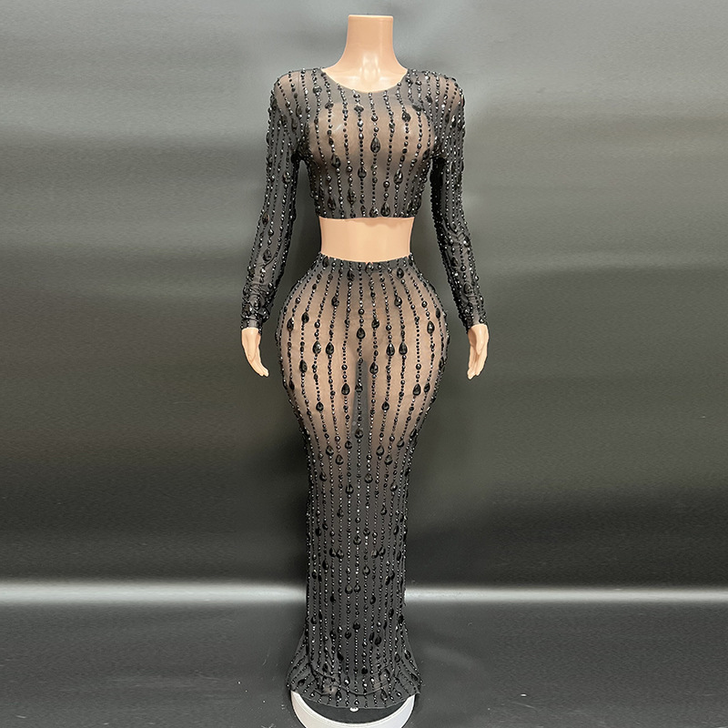 Summer 2025 Sexy Luxury Rhinestone Girl Outfit Set Mesh Floor-Length Dress Party Evening Dress