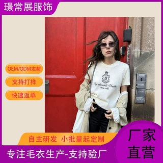 韩系圆领羊毛刺绣短袖针织衫女英伦风软糯套头气质百搭上衣