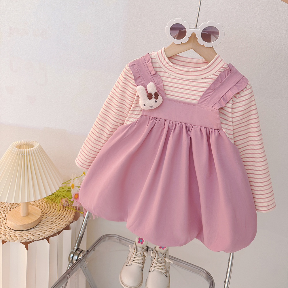 Girls' Autumn Dress, Faux Two-Piece, New Children's Spring Outfit, Stylish and Cute Little Girl Bunny Design Clothing