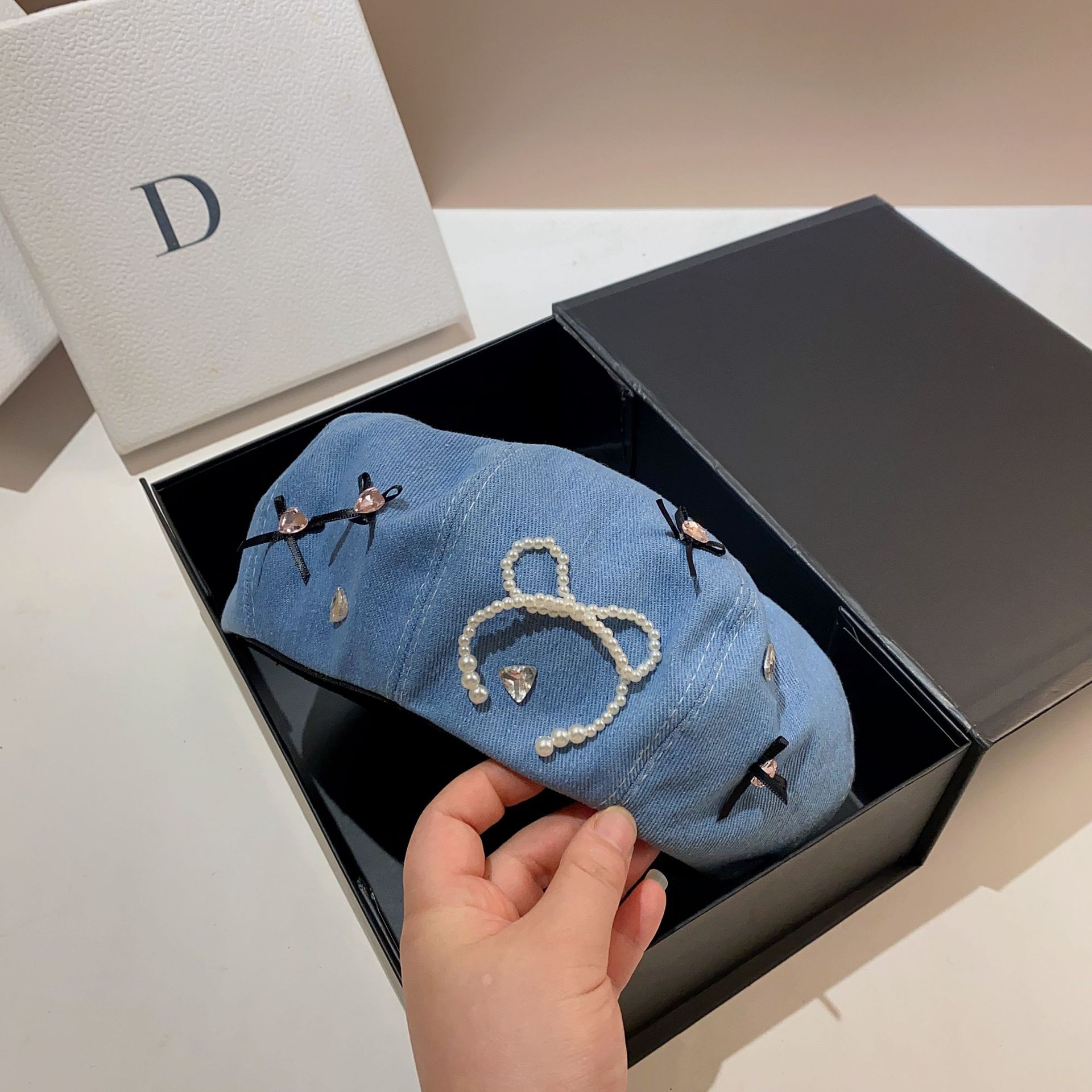 Veelzijdige, schattige baret, dunne, kleine, elfenstrik, achthoekige denim hoed in de lente en zomer_voghion.com