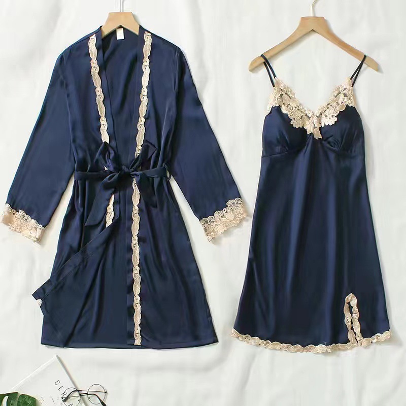 Pyjama d'été pour femme, nouveau, manches longues, bretelles en dentelle, short, pantalon, chemise de nuit, ensemble cinq pièces, soie fine, vêtements de maison_voghion.com