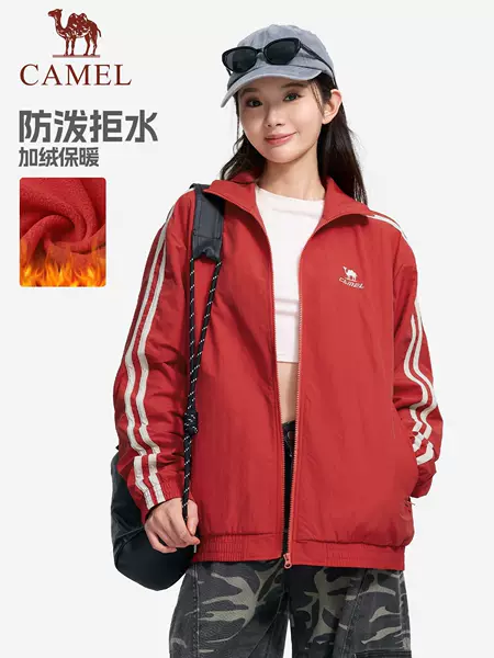 Camel Campus Series Woven Fleece Jacket for Women, Autumn and Winter Outdoor Commute Striped Casual Sports Running Windbreaker for Men