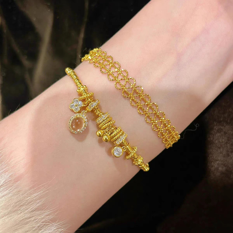 S925 Sterling Silver New Chinese Style Dragon Heart Coiled Bracelet Running Ring Women's Retro Water Foam Jade Pendant Four-Leaf Clover Elegant Accessories