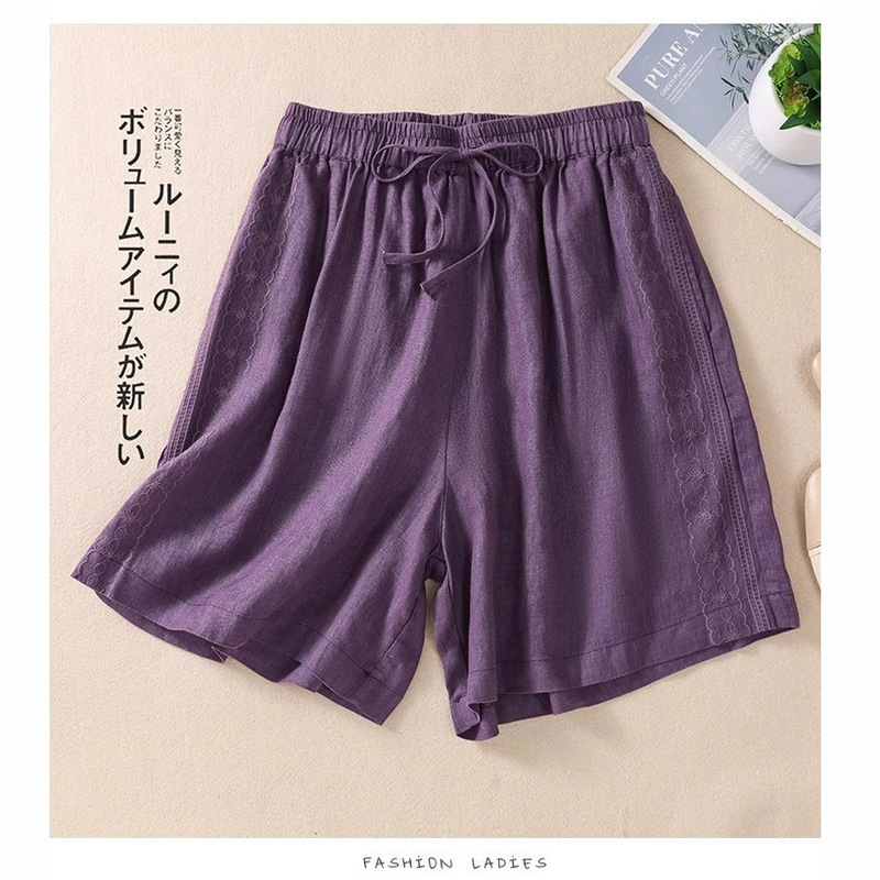 [Customized] Summer New Artistic Loose Embroidered Five-Point Shorts for Women, Fashionable Cotton Drawstring Casual Shorts for Petite Sizes