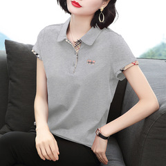 ママの純綿半袖ラペルTシャツ夏北京中年女性ポロシャツ貿易襟付きトップ