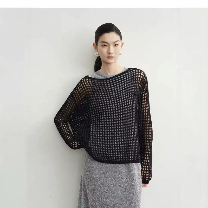 Aino fashionable hollow-out fishnet long-sleeve knit top for women, loose-fitting outerwear for autumn 217, no returns or exchanges