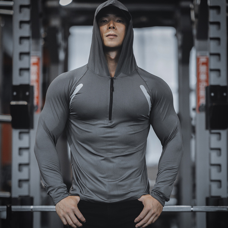 Spring and Autumn New Men's Sports and Leisure Running Exercise Fitness Stretch Quick-Drying Thin Long-Sleeved Hooded Half-Zip Sweatshirt