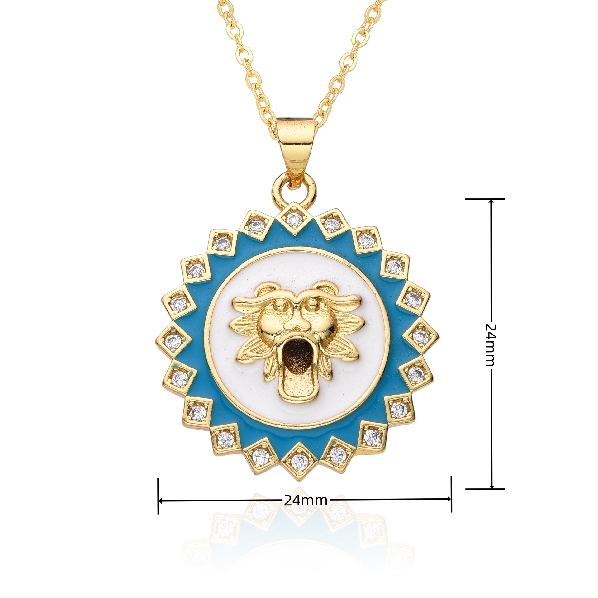 Round, Lion Pattern Copper Gold Plated Enamel Inlay Round Lion Bee Zircon Pendant Necklace