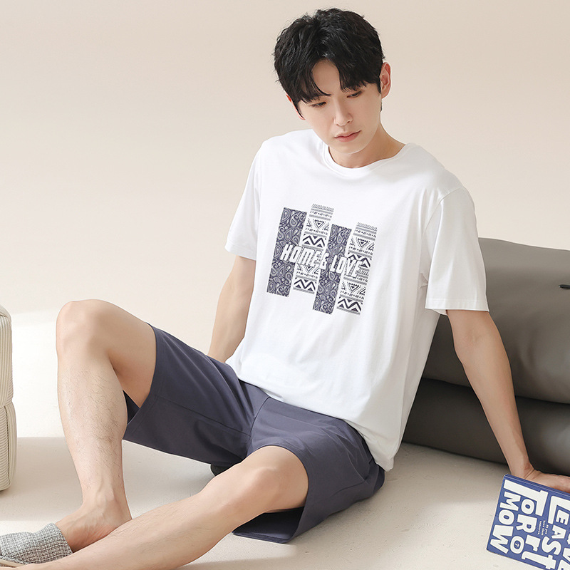 남성용 여름 잠옷, 순면 얇은 반팔 풀오버, 캐주얼, 외출복으로도 착용 가능, 10대 남성용 반팔 홈웨어
