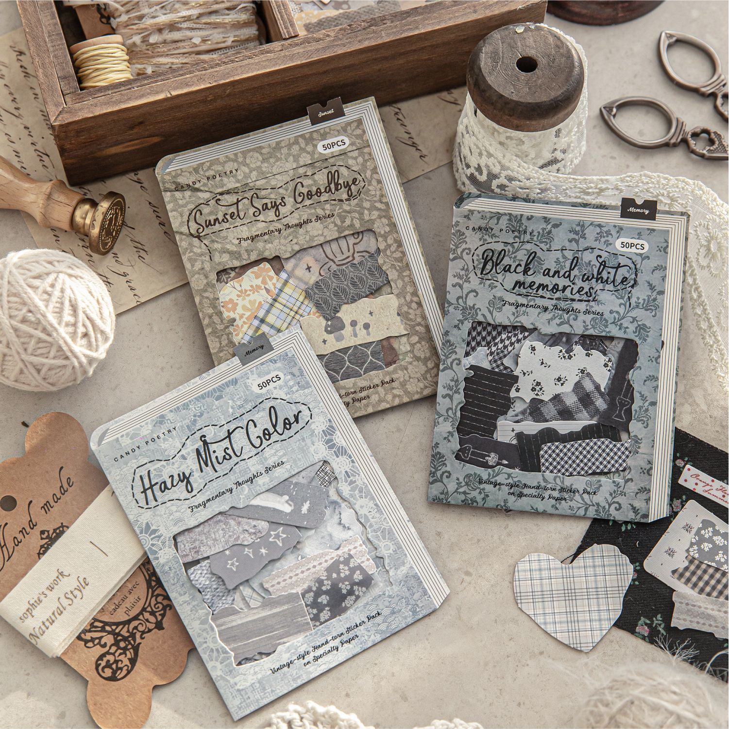 Sugar Poetry Double Enjoy Pack Bolsa de pegatinas desmenuzadas Serie de telas fragmentadas Material de tema de color Carga de mano Adhesivo de película de corte decorativo