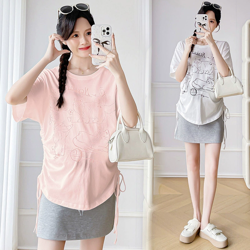 Реальный выстрел на месте Мяу Мяу Чай будет ленивым котенок с принтом T боковой шнур для беременных женщин Юбка Футболка Короткая юбка