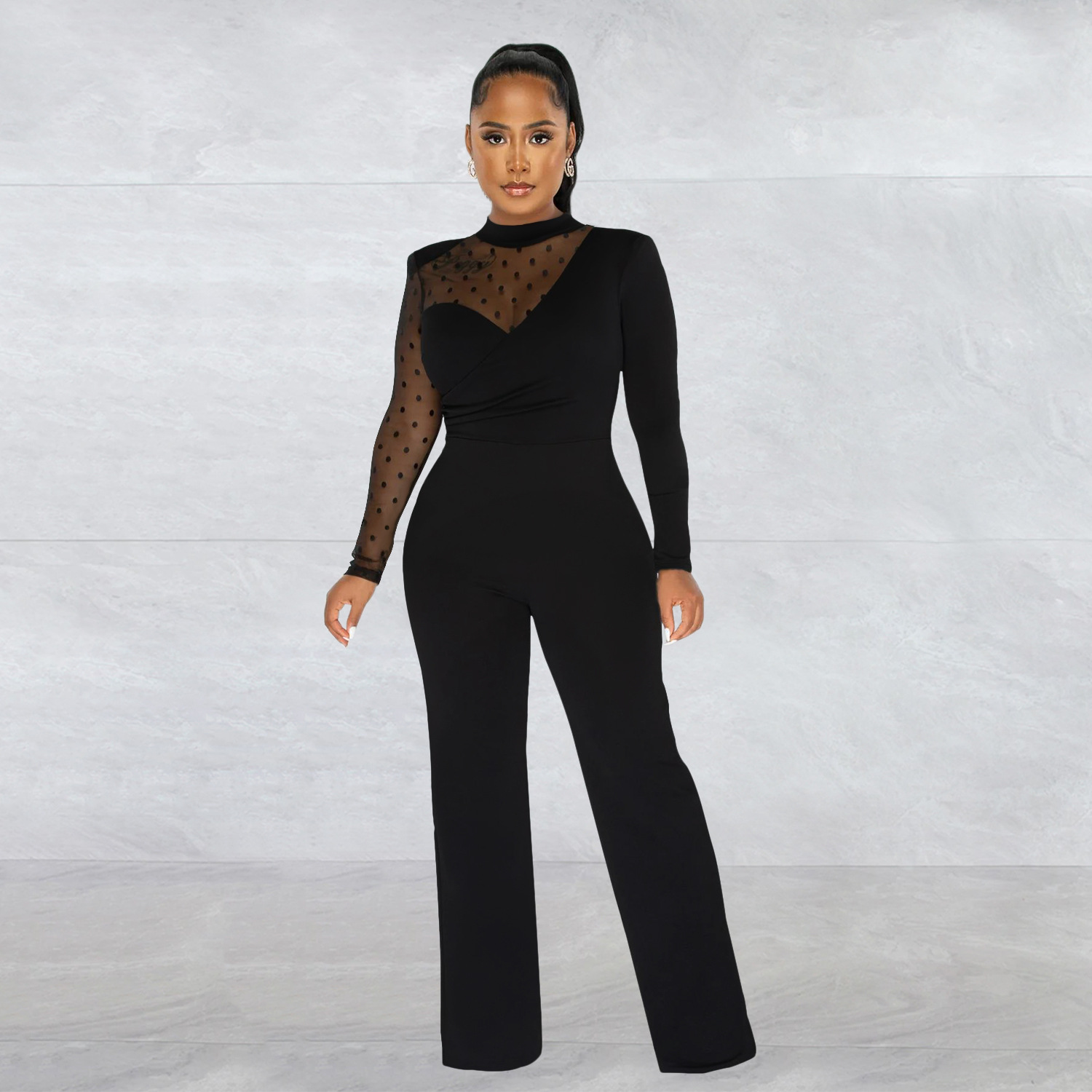 Women's Clothing fashion women's polka dot mesh see-through long-sleeved trousers solid color jumpsuit_voghion.com