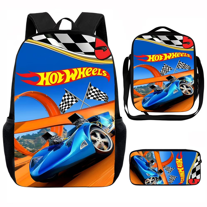 Hot Wheels Racing School Bag Lunch Bag Pen Bag Student Backpack Cartoon Backpack Children's Bag Three-Piece Set