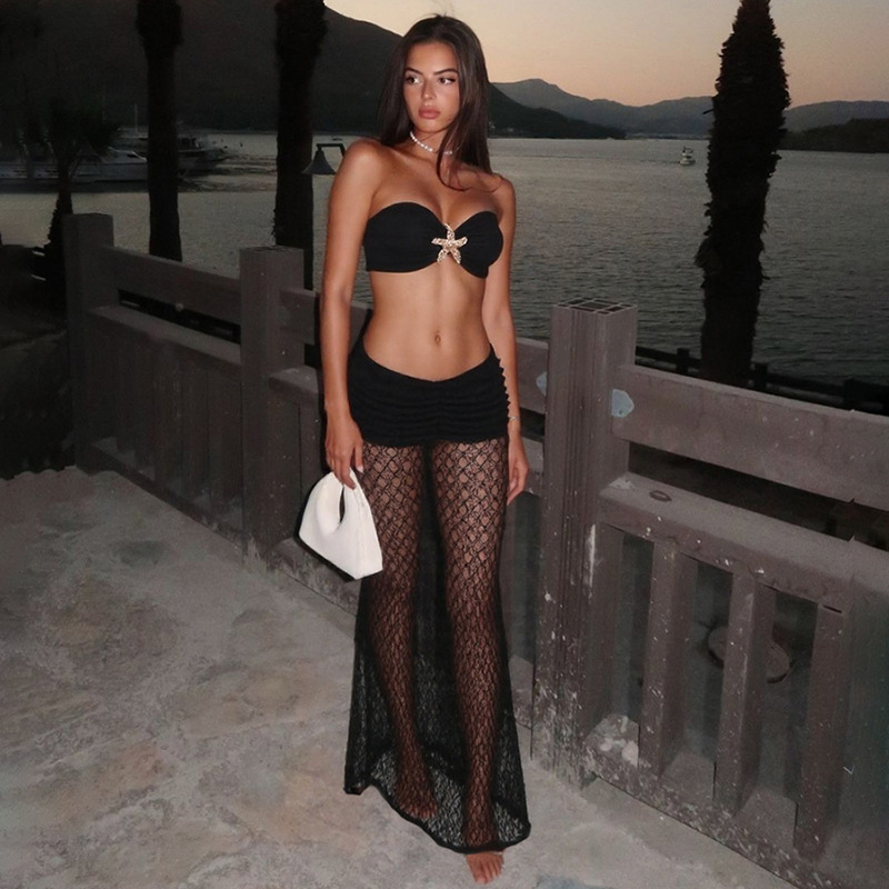 Completo due pezzi donna con top in pizzo senza spalline gonna lunga_voghion.com