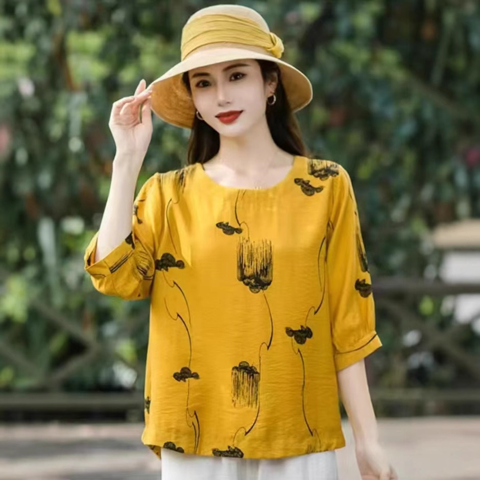 Cross-border nueva camiseta de mujer china impresa de manga media camiseta de mujer de verano camiseta de base de cuello redondo artística ocio image 9