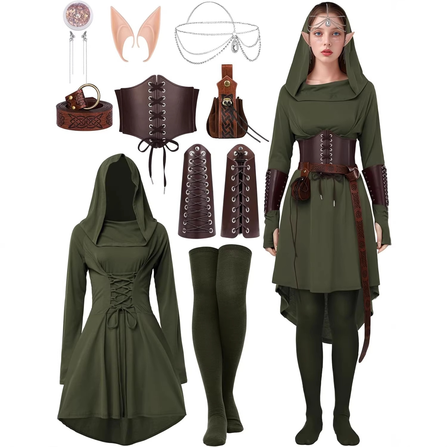 Women's Renaissance Halloween Fairy Costume Medieval Hooded Cape Lace-Up Dress Accessory Set