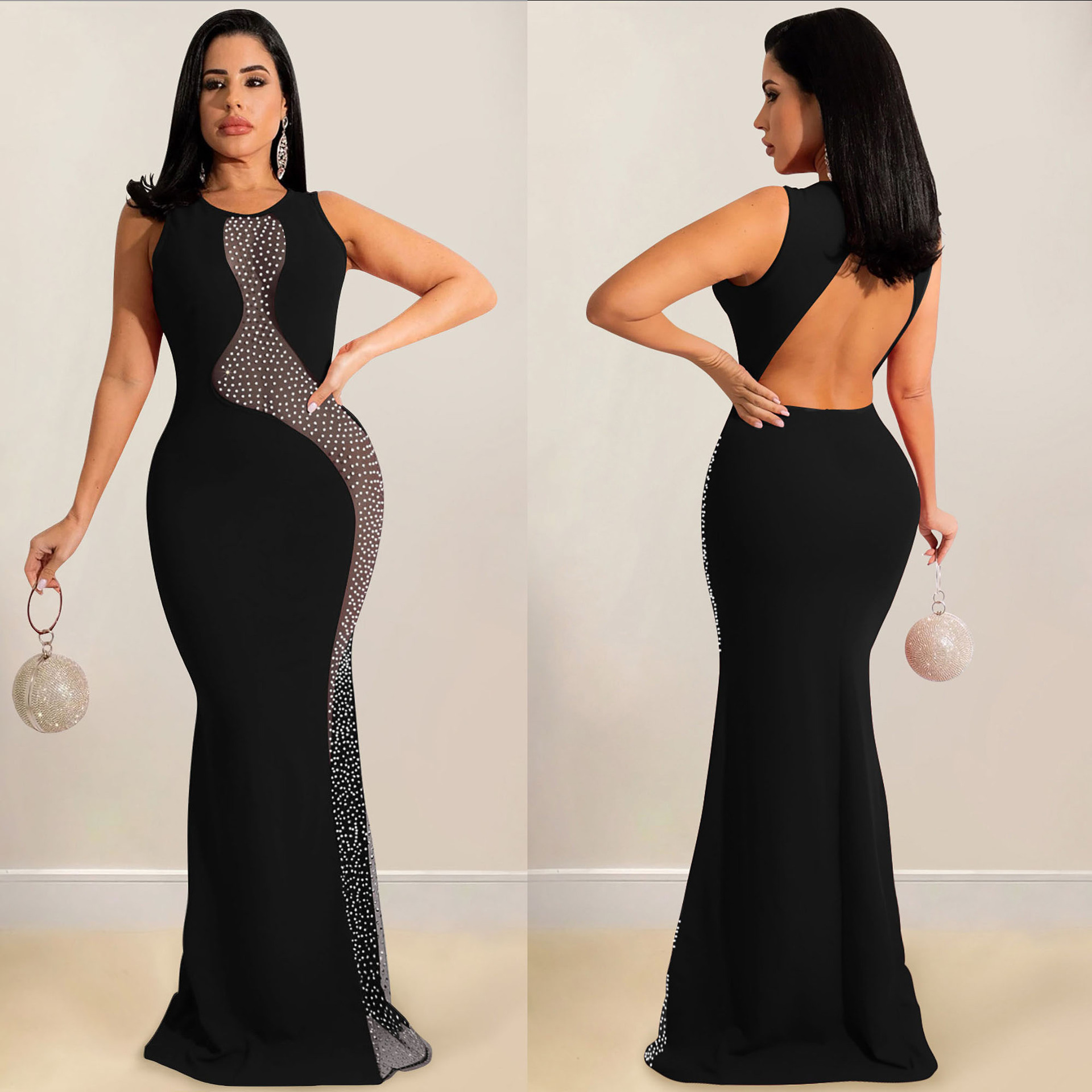 sexy sleeveless perspective mesh stitching hot drilling  backless long dress  NSHBG123759