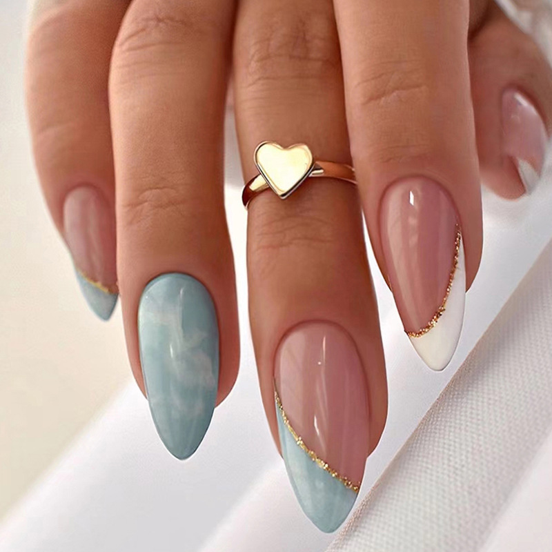 Wearing nail nail nail piece wholesale almond nail piece fake nail simple vignette sky blue French nail patch Wearing nail nail nail piece wholesale almond nail piece fake nail simple vignette sky blue French nail patch
