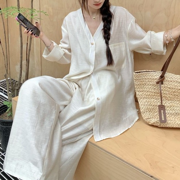 Lazy Style White V-Neck Loose Long Sleeve Sun Protection Shirt Wide-Leg Casual Pants Women's Autumn New Fashion Set_voghion.com