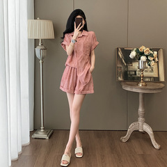 Yujie ライト大人スタイルカジュアルファッションスーツ女性 2025 夏ハイエンドピンク半袖シャツ半袖 2 点セット