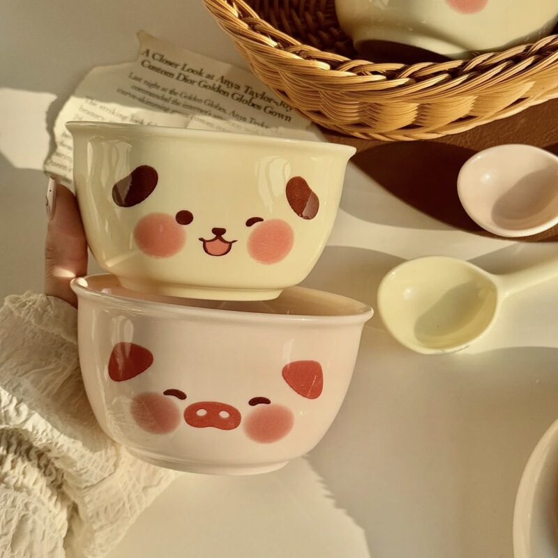 [Four-piece set] Milk fufu Piglet Puppy Ceramic Rice Bowl High Temperature Resistant Underglaze Color Household Rice Bowl Dessert