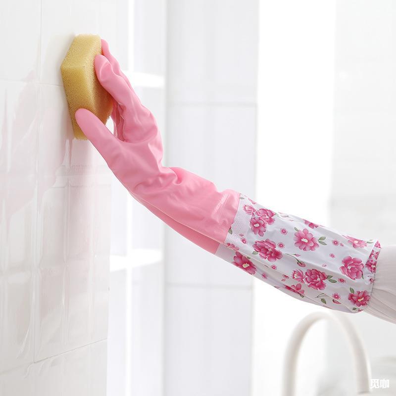 加絨洗碗手套冬季接袖加厚橡胶厨房清洁卫生家务洗衣乳胶保暖手套