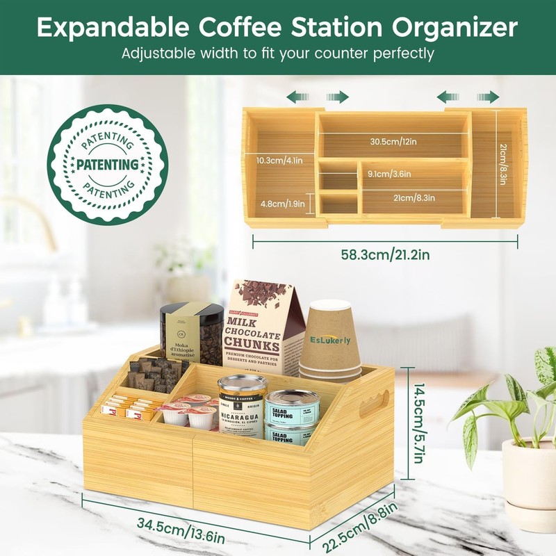 カウンタートップコーヒー収納ボックス竹製調味料収納ラックオフィスキッチン伸縮可能調味料整理ボックス|undefined