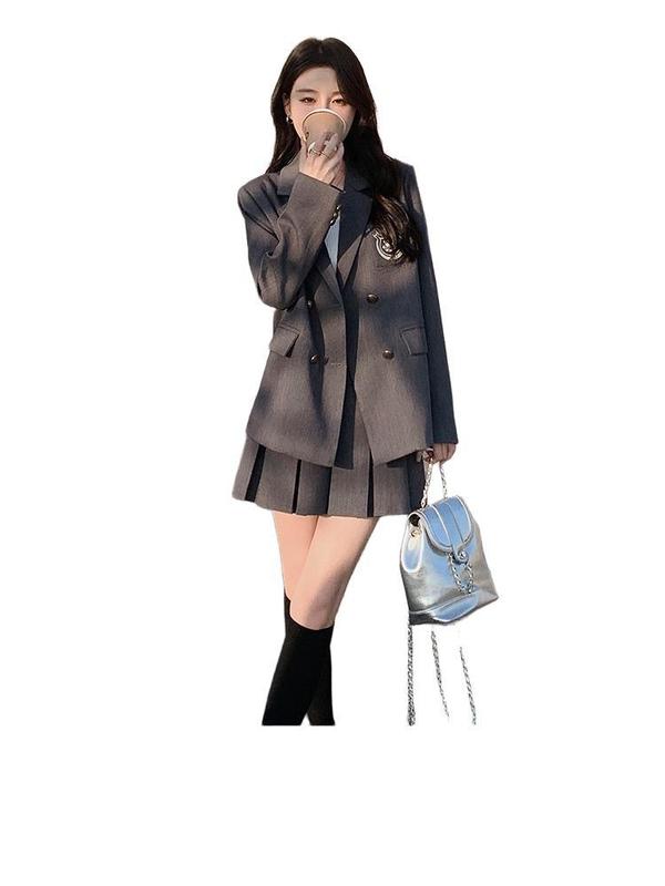 2025英伦学院风灰色小西装外套女春秋超火好看感炸街jk西服套装裙|undefined