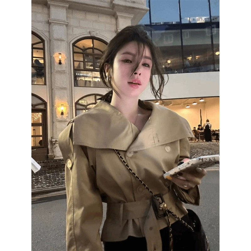 POLO воротник с длинным рукавом двубортный осенний ветровка женский новый темперамент модный пояс для талии дизайн куртка