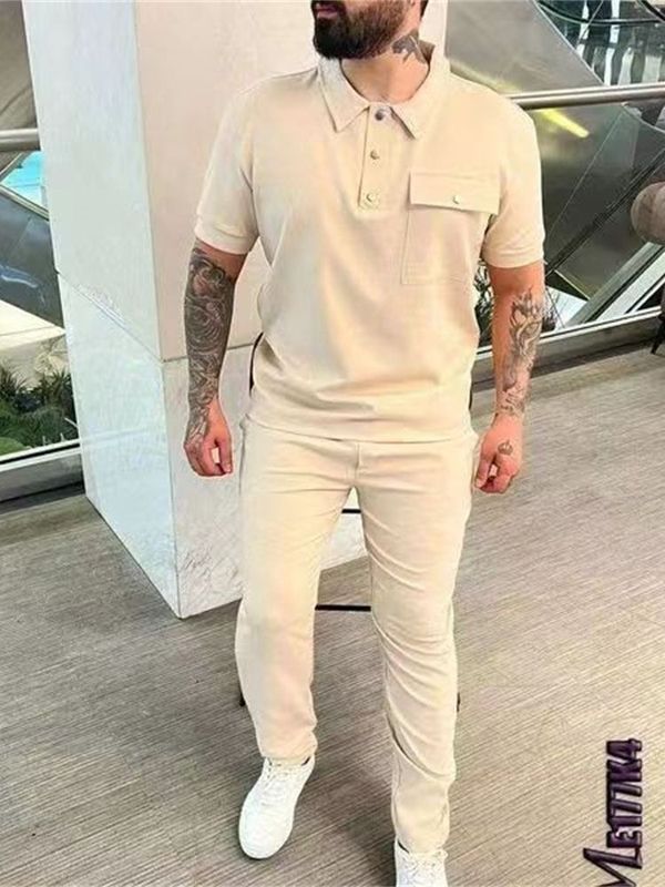 春秋款欧码跨境纯色男士短袖Polo衫+长裤潮流休闲运动套装|undefined