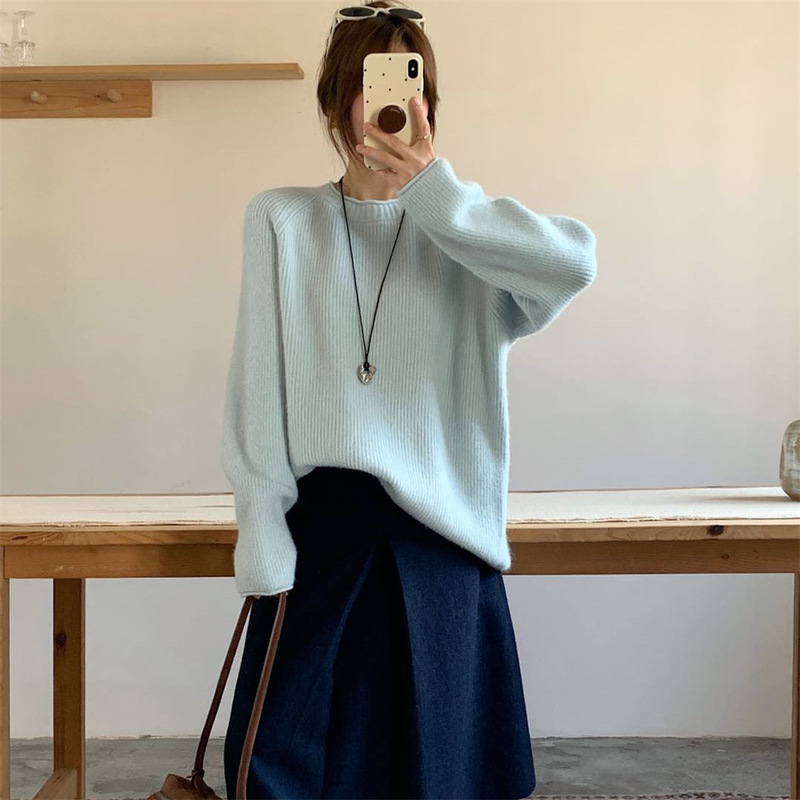 慵懒卷边套头毛衣女秋冬新款韩版宽松圆领显瘦温柔软糯针织衫上衣|undefined