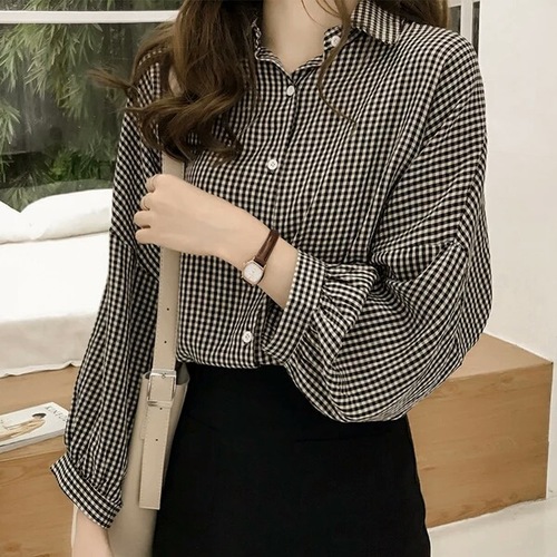 2025 Spring and Autumn New Women's Hong Kong Style Loose BF Lantern Sleeve Checkered Shirt Women's Long Sleeve Top Blouse Outerwear Trend