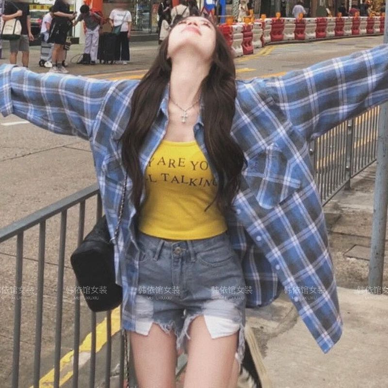 森系橘色格纹衬衫女叠穿年轻ins宽松遮肉显瘦长袖衬衣外搭开衫潮|undefined