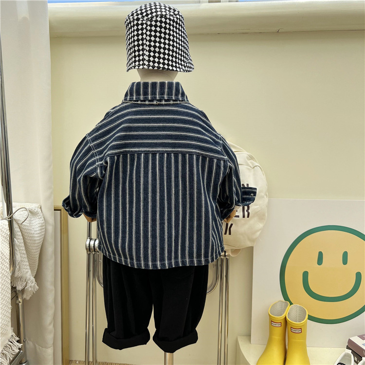 23 Îmbrăcăminte coreeană pentru copii, produs nou de toamnă, cămașă pentru băieți și fete, cu dungi verticale, rever, casual, din denim gros, exterior_voghion.com