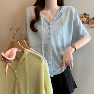 25 Years Summer Plus Size Loose Hooded Knitted Single-Breasted Short-Sleeved Versatile Thin Slim Fashion Top
