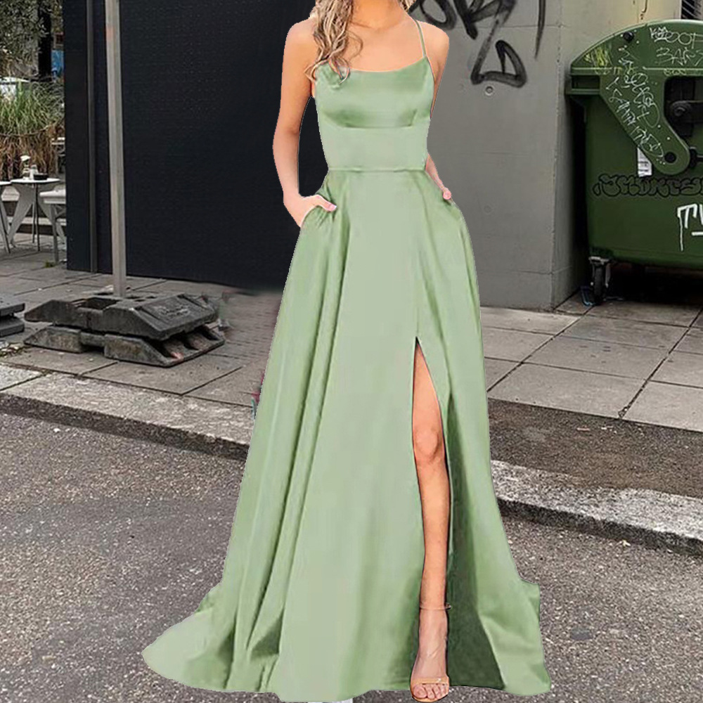2025 color sólido vestido de dama de honor europeo y americano falda larga delgada sin tirantes novia vestido de noche de grupo de dama de honor de moda de Amazon