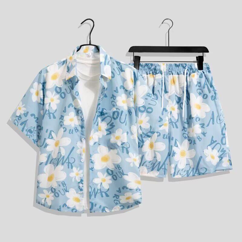 Thai-style floral shirt and shorts set for men, Hawaiian beach short-sleeve shirt, couple's outfit for seaside travel, summer jacket Thai-style floral shirt and shorts set for men, Hawaiian beach short-sleeve shirt, couple's outfit for seaside travel, summer jacket